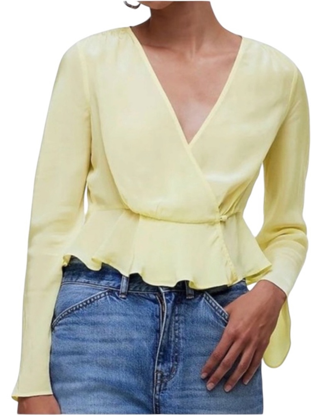 Madewell Pastel Yellow Peplum Wrap Top Sz 12 V-Neck Sheer Bell Sleeve